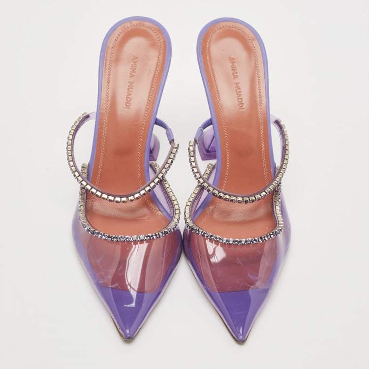 Pre Owned Amina Muaddi Transparent PVC Glida Crystal  Glass Mules Size 40