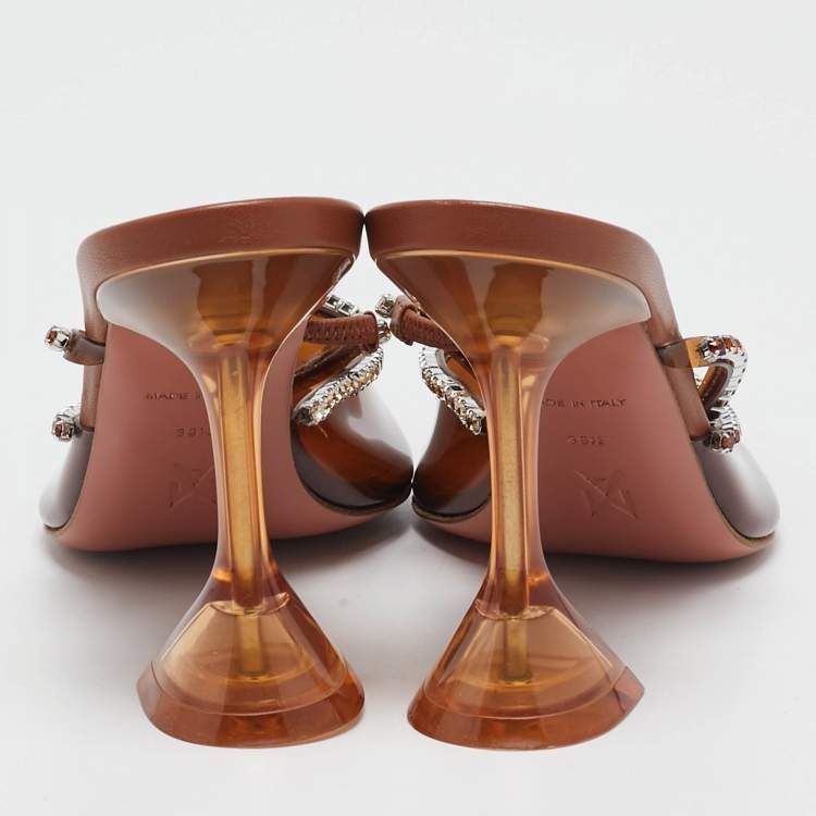 Pre Owned Amina Muaddi Brown PVC Crystal Embellished Gilda Mules Size 38.5