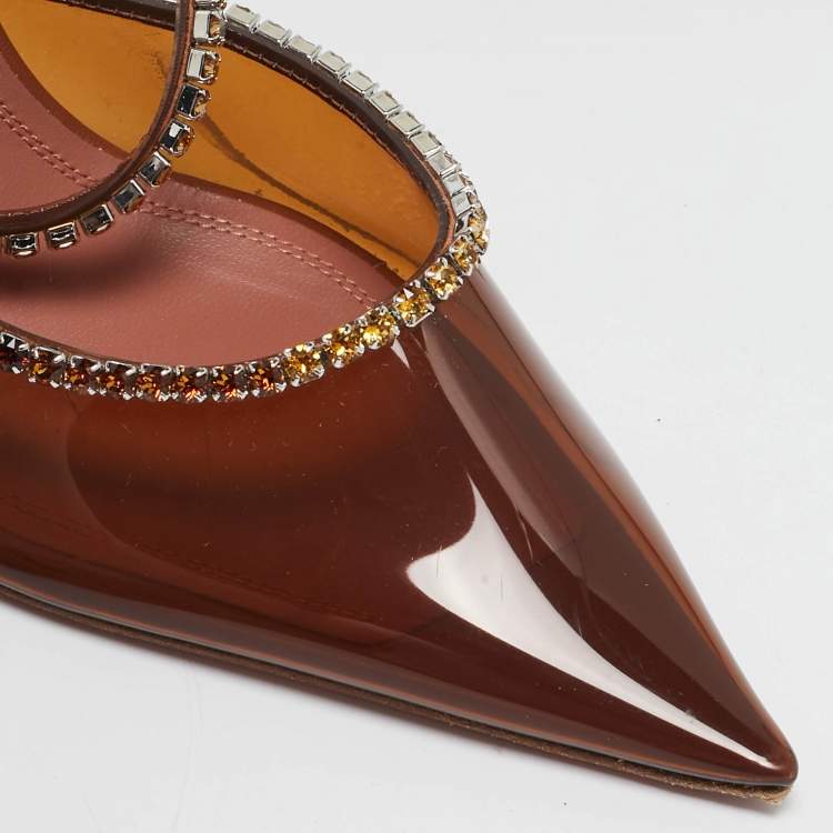 Pre Owned Amina Muaddi Brown PVC Crystal Embellished Gilda Mules Size 38.5