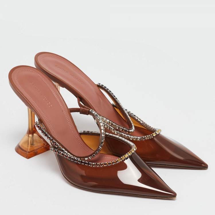 Pre Owned Amina Muaddi Brown PVC Crystal Embellished Gilda Mules Size 38.5