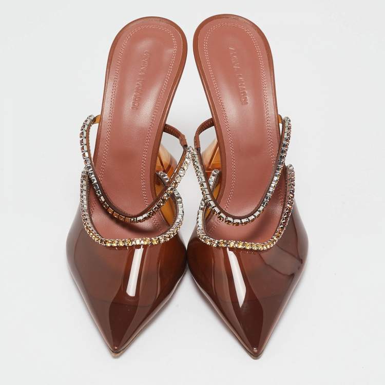 Pre Owned Amina Muaddi Brown PVC Crystal Embellished Gilda Mules Size 38.5