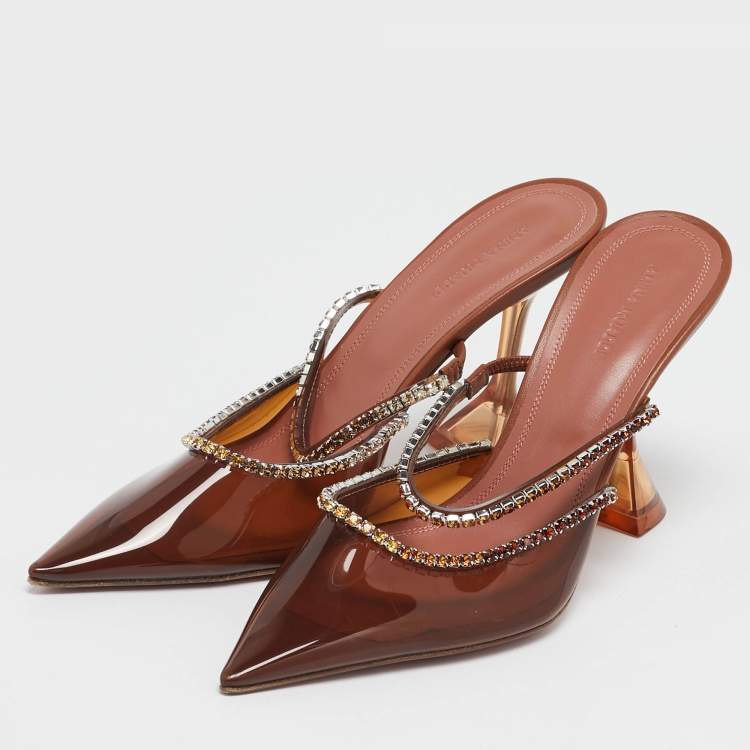 Pre Owned Amina Muaddi Brown PVC Crystal Embellished Gilda Mules Size 38.5