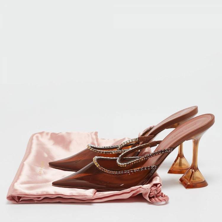 Pre Owned Amina Muaddi Brown PVC Crystal Embellished Gilda Mules Size 38.5