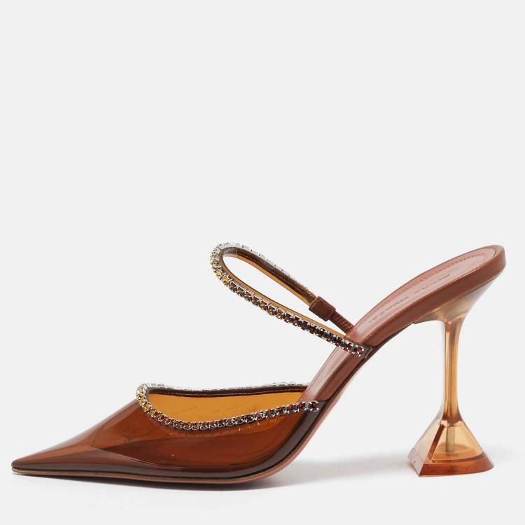 Pre Owned Amina Muaddi Brown PVC Crystal Embellished Gilda Mules Size 38.5
