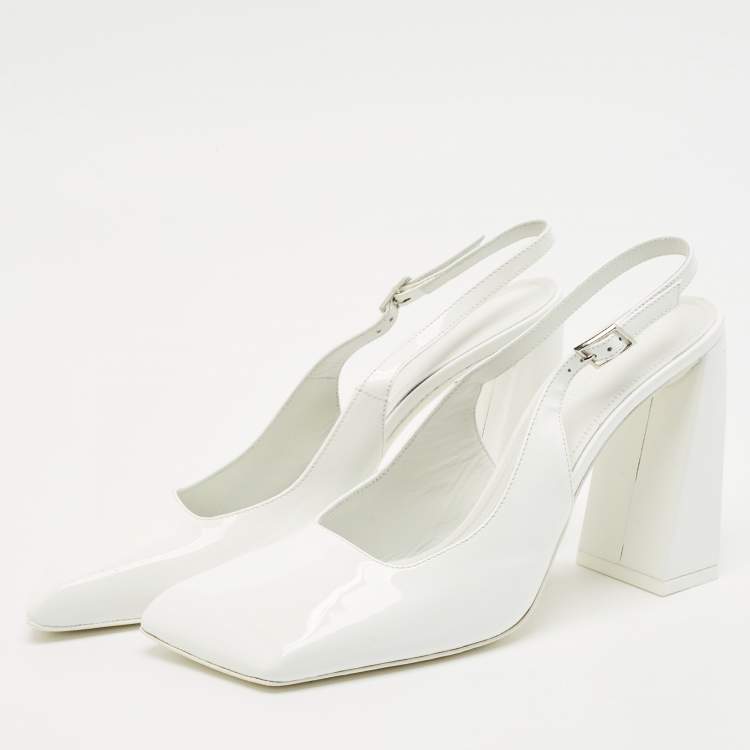 Pre Owned Amina Muaddi White Patent Leather Square Toe Slingback Pumps Size 38