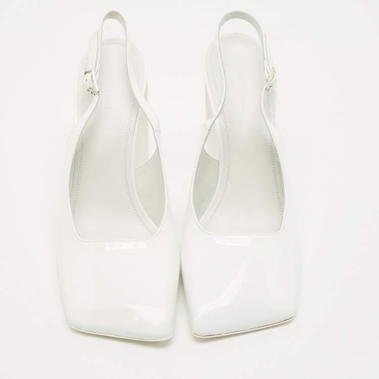 Pre Owned Amina Muaddi White Patent Leather Square Toe Slingback Pumps Size 38