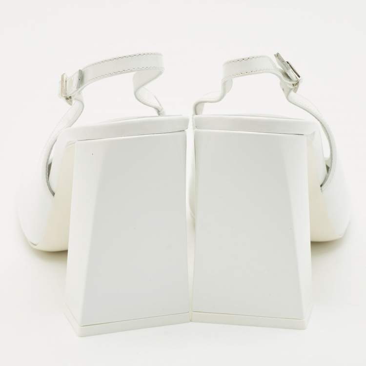 Pre Owned Amina Muaddi White Patent Leather Square Toe Slingback Pumps Size 38