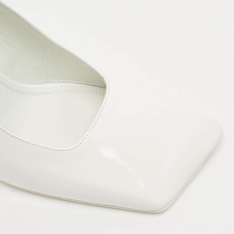 Pre Owned Amina Muaddi White Patent Leather Square Toe Slingback Pumps Size 38