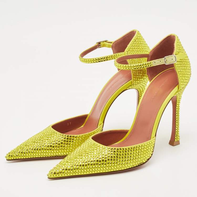 Pre Owned Amina Muaddi Yellow Satin Vittoria 105mm Crystal-Embellished Pumps Size 37
