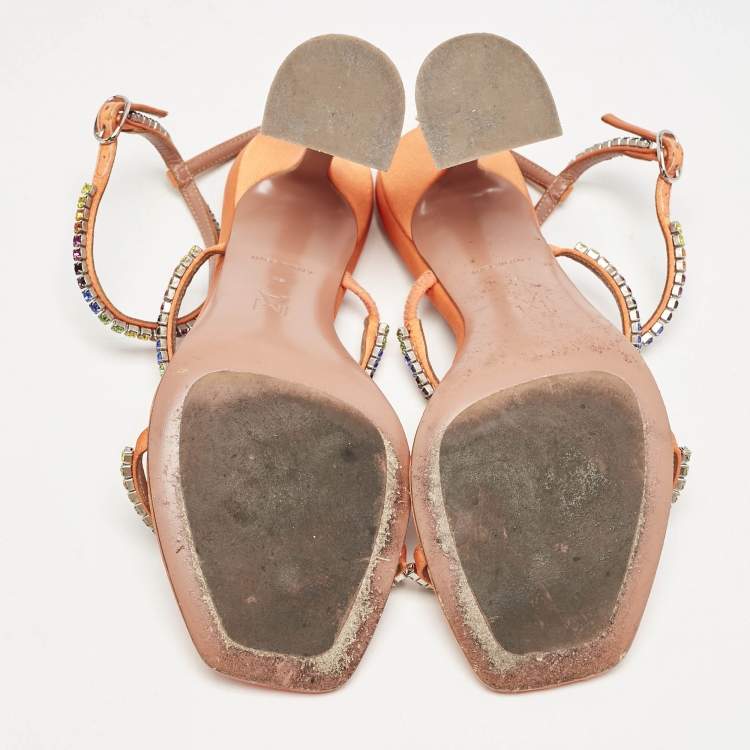 Pre Owned Amina Muaddi Orange Satin Rainbow Crystal Gilda Ankle Strap Sandals Size 38