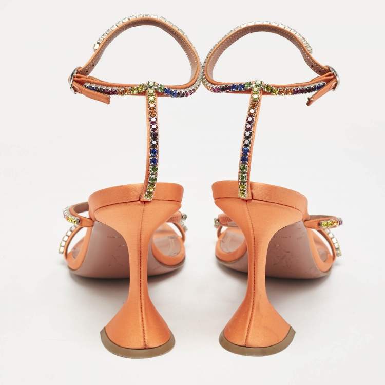 Pre Owned Amina Muaddi Orange Satin Rainbow Crystal Gilda Ankle Strap Sandals Size 38