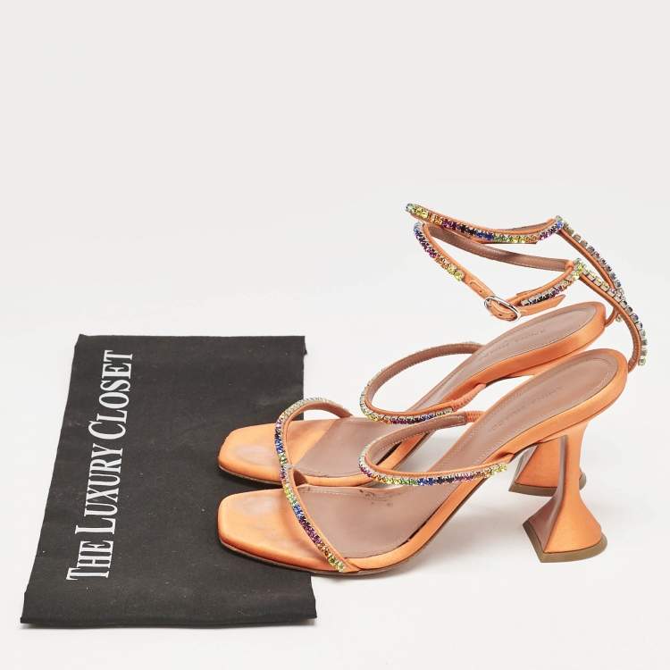 Pre Owned Amina Muaddi Orange Satin Rainbow Crystal Gilda Ankle Strap Sandals Size 38