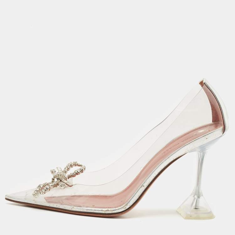 Pre Owned Amina Muaddi Transparent/Silver PVC and Leather Rosie Pointed Toe Pumps Size 38