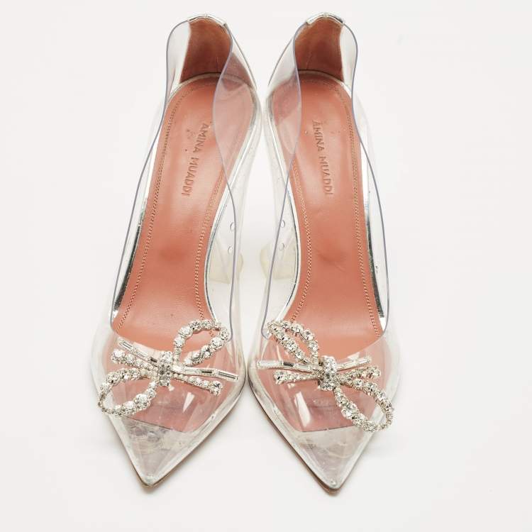 Pre Owned Amina Muaddi Transparent/Silver PVC and Leather Rosie Pointed Toe Pumps Size 38