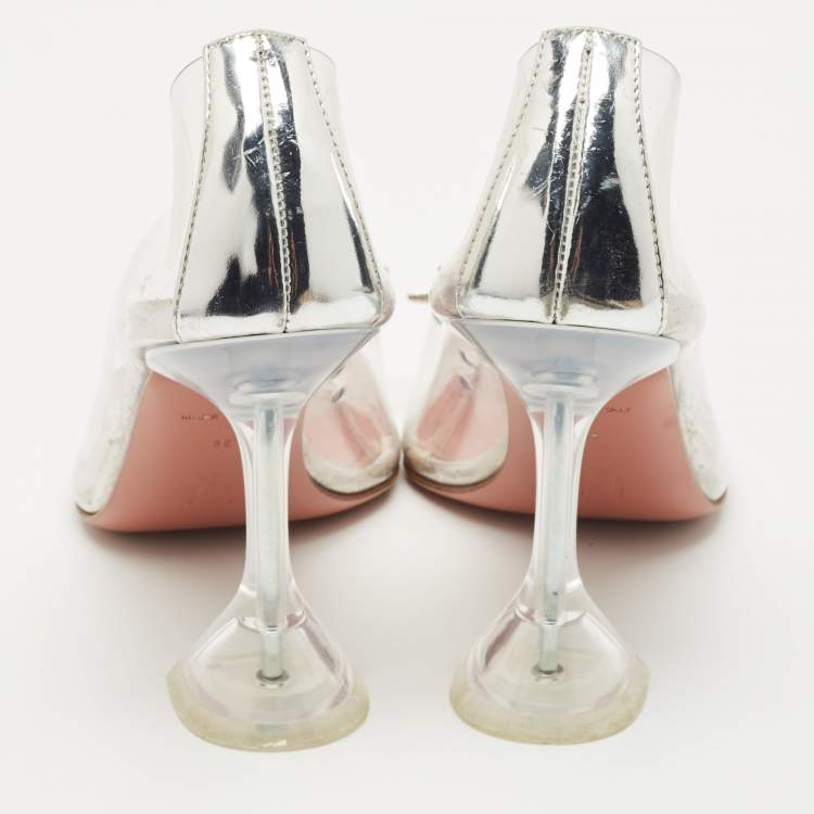 Pre Owned Amina Muaddi Transparent/Silver PVC and Leather Rosie Pointed Toe Pumps Size 38