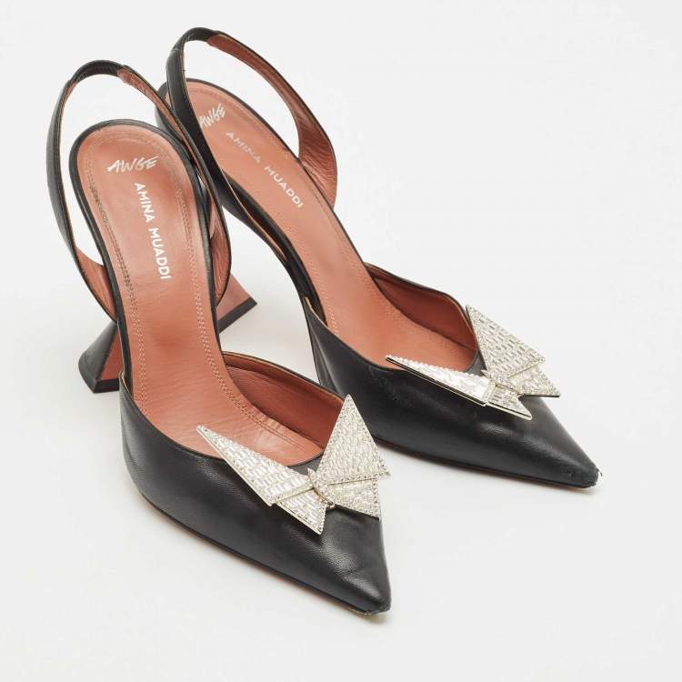 Pre Owned Amina Muaddi X Awge Black Leather Phoenix Slingback Pumps Size 37