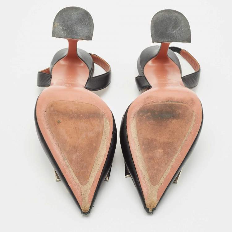 Pre Owned Amina Muaddi X Awge Black Leather Phoenix Slingback Pumps Size 37