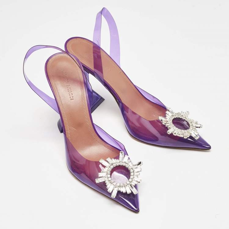 Pre Owned Amina Muaddi Purple PVC Begum Slingback Pumps Size 38.5