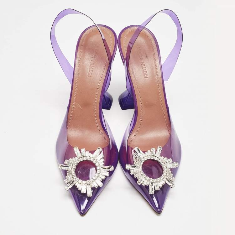 Pre Owned Amina Muaddi Purple PVC Begum Slingback Pumps Size 38.5