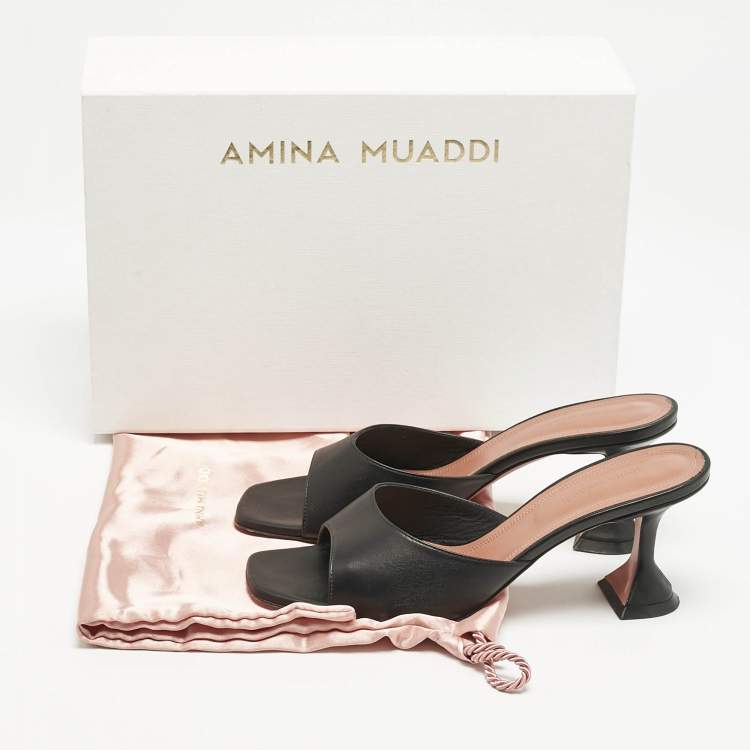 مملوكة مسبقًا Amina Muaddi Black Leather Lupita Slide Sandals Size 39