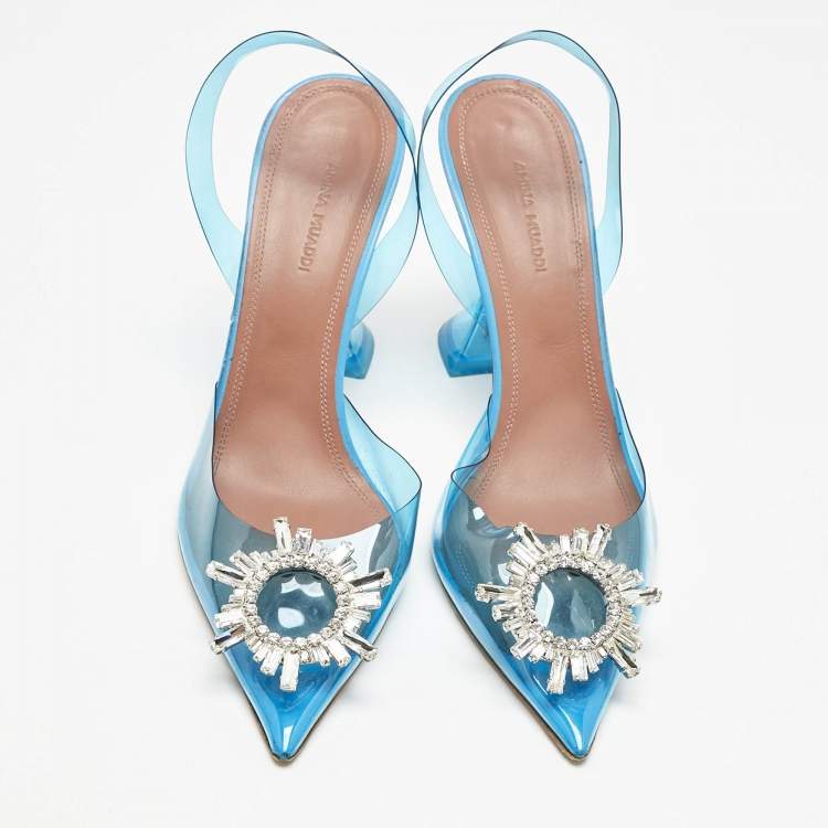 Pre Owned Amina Muaddi Blue PVC Begum Crystal Embellished Slingback Pumps Size 41