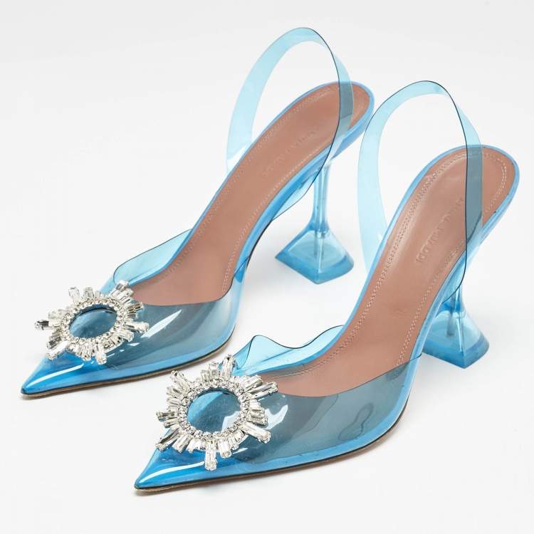 Pre Owned Amina Muaddi Blue PVC Begum Crystal Embellished Slingback Pumps Size 41