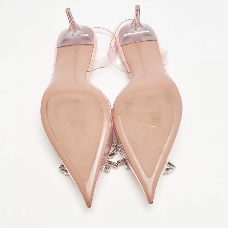 Pre Owned Amina Muaddi Light Pink PVC Rosie Crystal Embellished Slingback Pumps Size 38.5