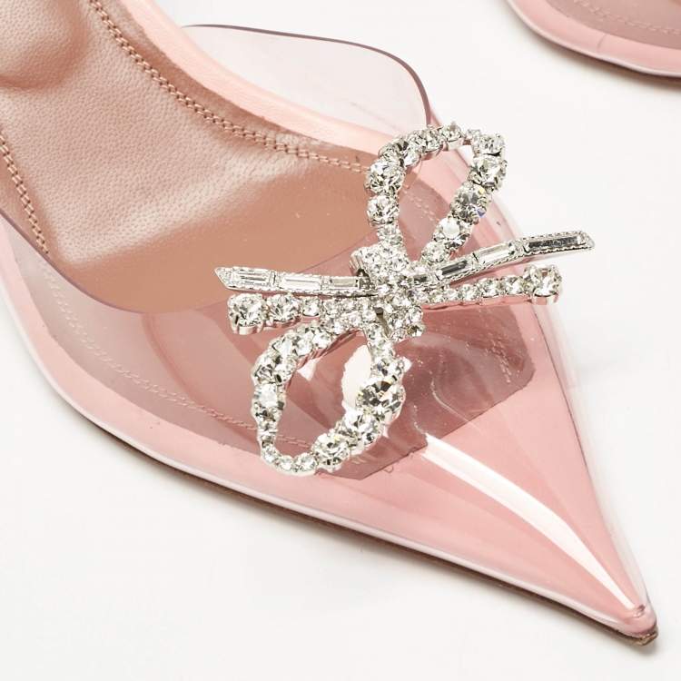 Pre Owned Amina Muaddi Light Pink PVC Rosie Crystal Embellished Slingback Pumps Size 38.5