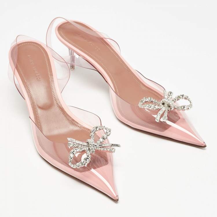 Pre Owned Amina Muaddi Light Pink PVC Rosie Crystal Embellished Slingback Pumps Size 38.5