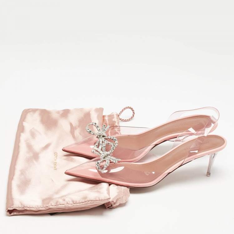 Pre Owned Amina Muaddi Light Pink PVC Rosie Crystal Embellished Slingback Pumps Size 38.5