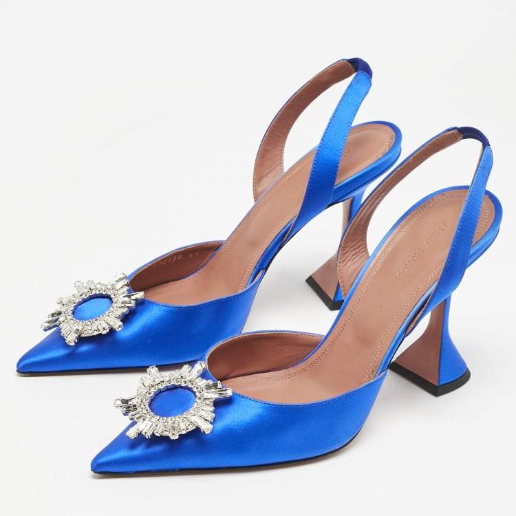 Pre Owned Amina Muaddi Blue Satin Begum Crystal Embellished Slingback Pumps Size 41