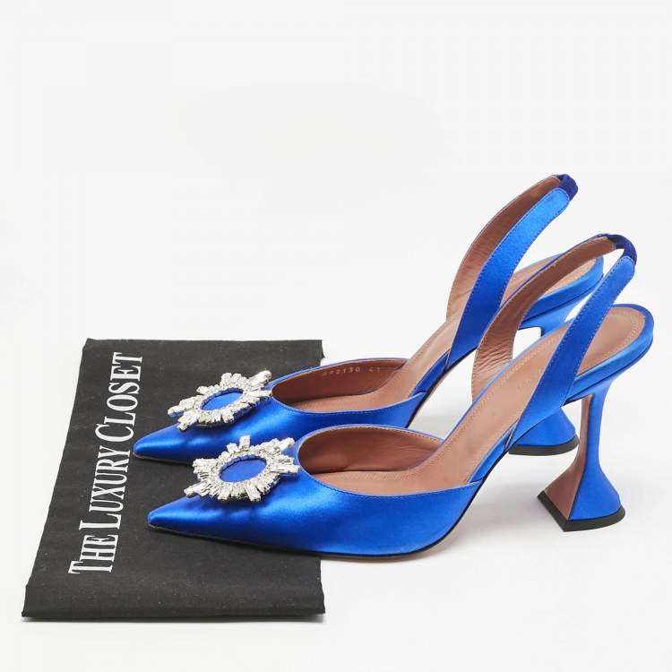 Pre Owned Amina Muaddi Blue Satin Begum Crystal Embellished Slingback Pumps Size 41