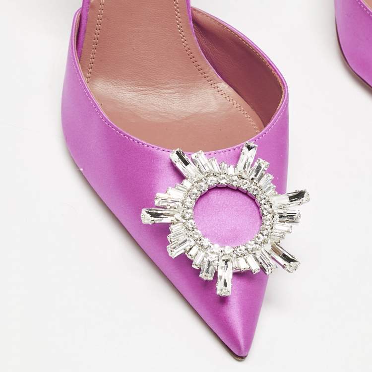 Pre Owned Amina Muaddi Pink Satin Begum Crystal Embellished Slingback Pumps Size 41