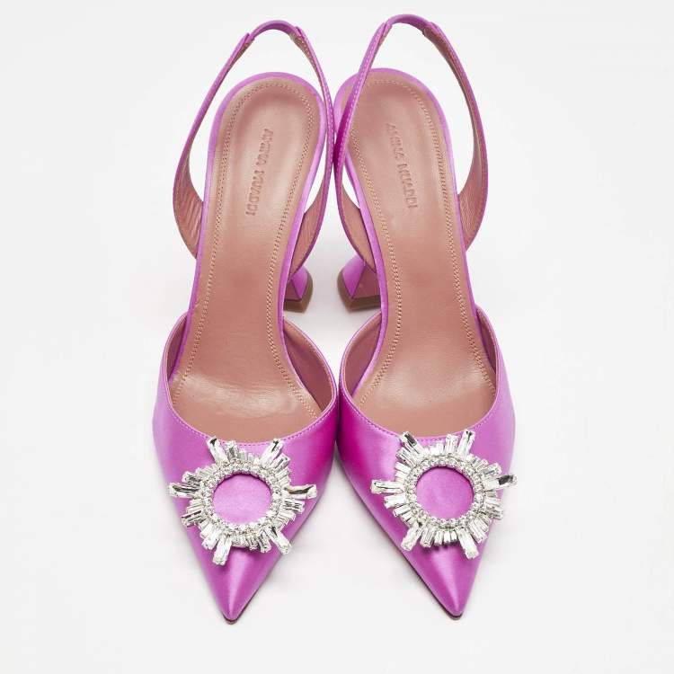 Pre Owned Amina Muaddi Pink Satin Begum Crystal Embellished Slingback Pumps Size 41