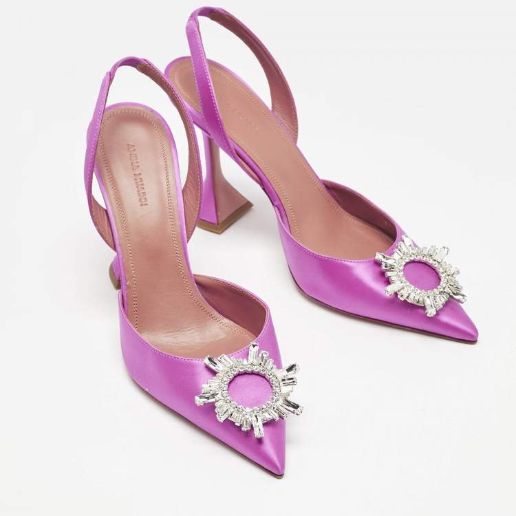 Pre Owned Amina Muaddi Pink Satin Begum Crystal Embellished Slingback Pumps Size 41