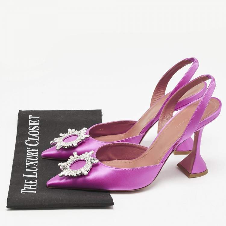 Pre Owned Amina Muaddi Pink Satin Begum Crystal Embellished Slingback Pumps Size 41