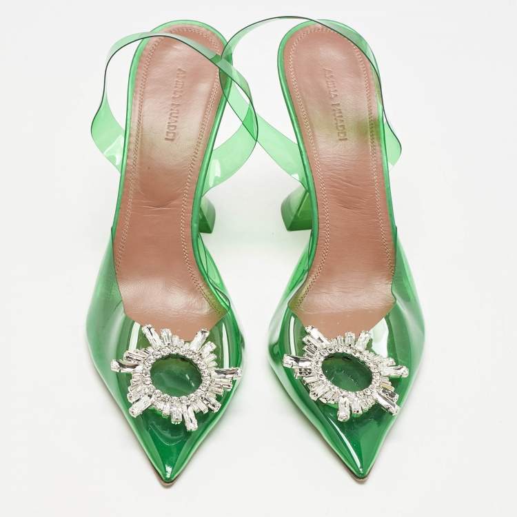 Pre Owned Amina Muaddi Green PVC Begum Crystal Embellished Slingback Pumps Size 41
