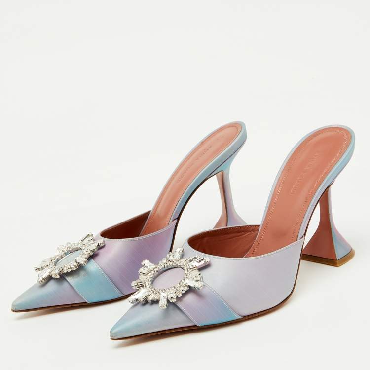 Pre Owned Amina Muaddi Purple Iridescent PVC Begum Crystal Embellished Mules Size 38