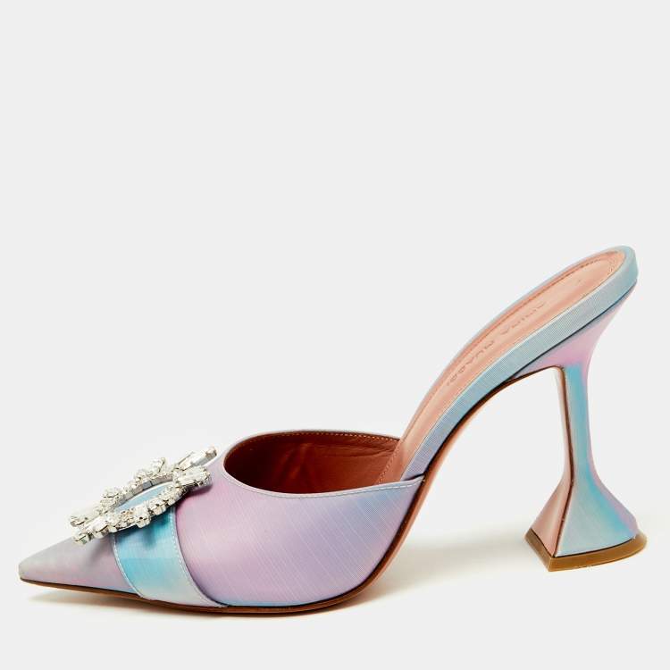 Pre Owned Amina Muaddi Purple Iridescent PVC Begum Crystal Embellished Mules Size 38