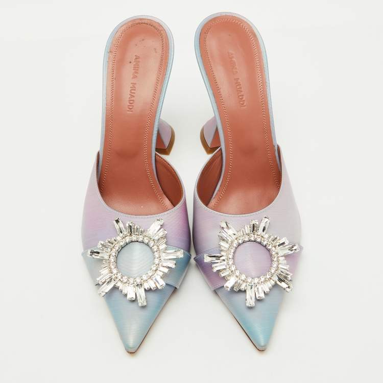 Pre Owned Amina Muaddi Purple Iridescent PVC Begum Crystal Embellished Mules Size 38