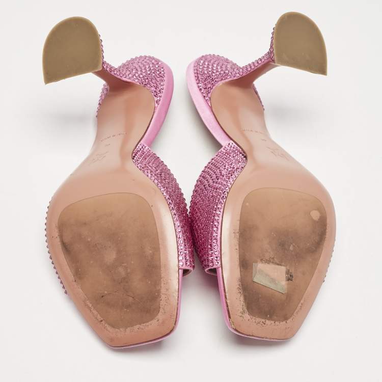 Pre Owned Amina Muaddi Pink Satin lupita Slide Sandals Size 39