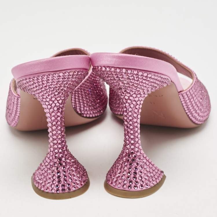 Pre Owned Amina Muaddi Pink Satin lupita Slide Sandals Size 39