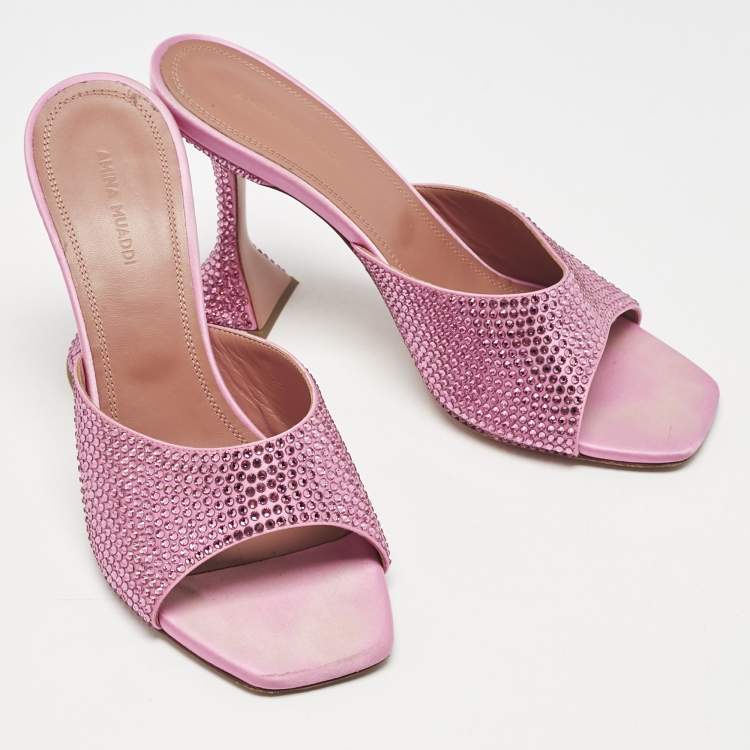 Pre Owned Amina Muaddi Pink Satin lupita Slide Sandals Size 39
