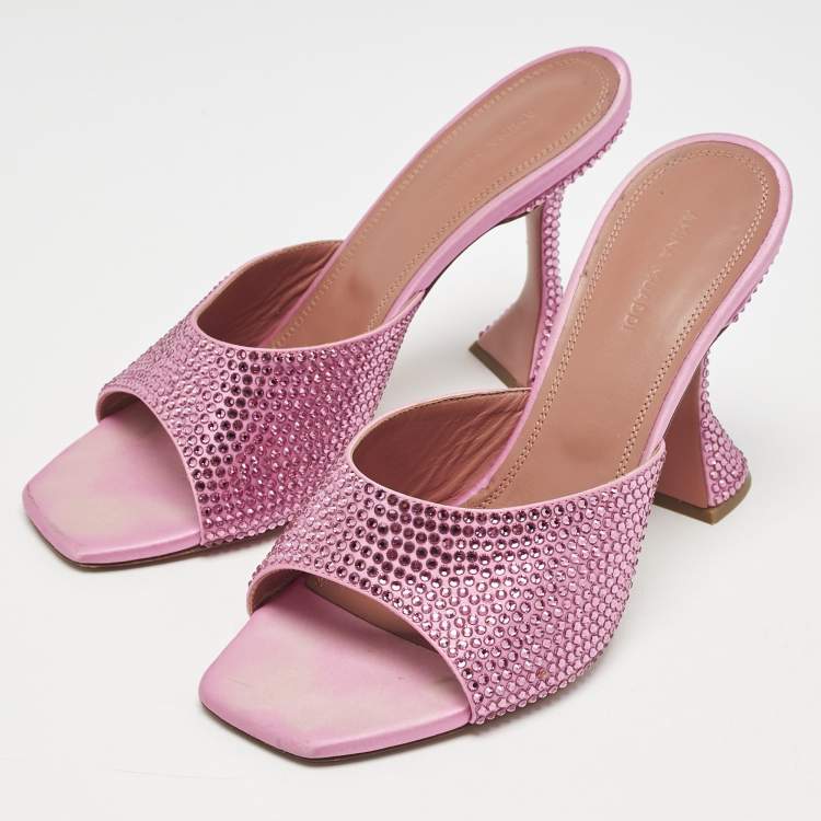 Pre Owned Amina Muaddi Pink Satin lupita Slide Sandals Size 39