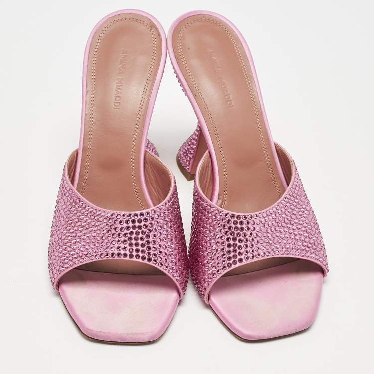 Pre Owned Amina Muaddi Pink Satin lupita Slide Sandals Size 39