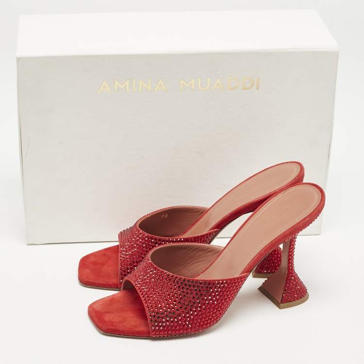 Pre Owned Amina Muaddi Red Suede Lupita Crystals Slide Sandals Size 39