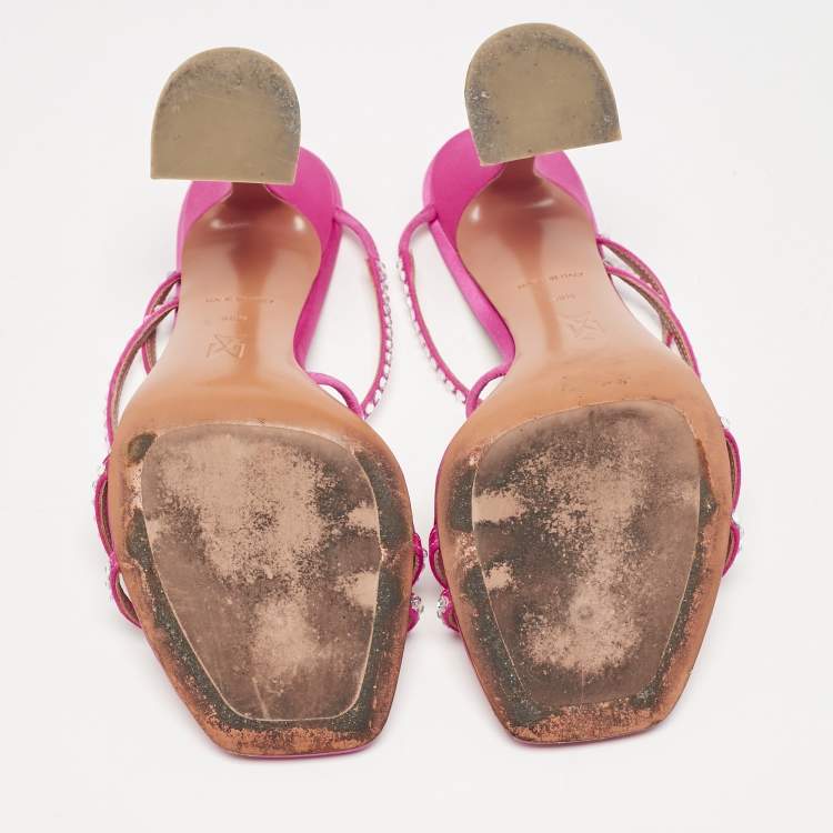Pre Owned Amina Muaddi Pink Satin Naima Crystals Slide Sandals Size 38.5