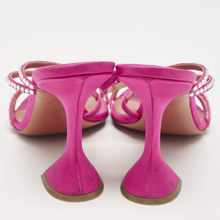Pre Owned Amina Muaddi Pink Satin Naima Crystals Slide Sandals Size 38.5