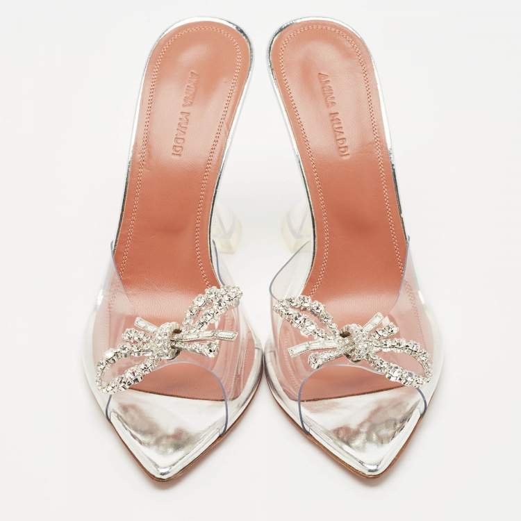 Pre Owned Amina Muaddi Silver PVC Rosie Slide Sandals Size 38.5