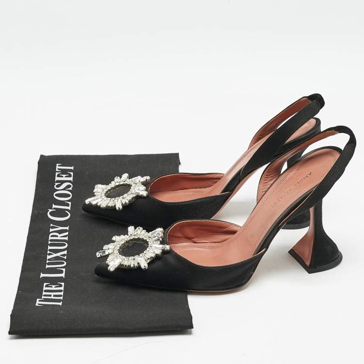 Pre Owned Amina Muaddi Black Satin Begum Slingback Pumps Size 35